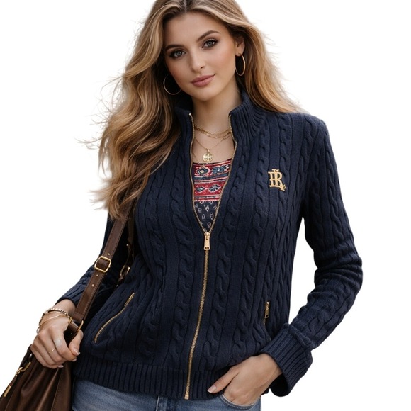 Lauren Ralph Lauren Women's Sweater Navy Cable Knit Zip Up Cardigan Medium